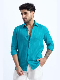 XKIND - Aqua Blue Pinstripe Cotton Textured Shirt