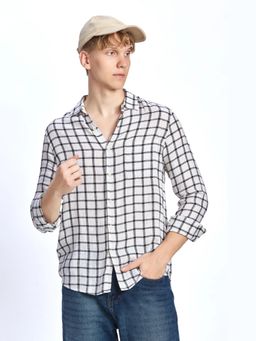 XKIND - White Linen Blend Check Regular Fit Shirt