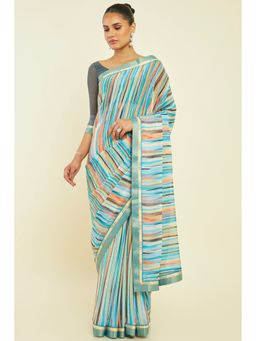 Soch - Women Turquoise Chiffon Stripes Saree with Unstitched Blouse