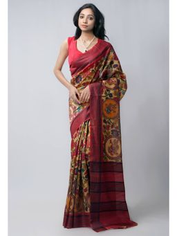 Unnati Silks - Beige Kalamkari Silk Saree with Unstitched Blouse