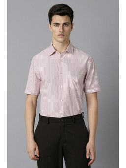 Louis Philippe - Men Peach Classic Fit Stripes Half Sleeves Formal Shirt