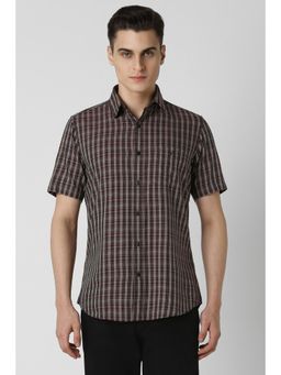 Van Heusen - Men Brown Slim Fit Checks Half Sleeves Casual Shirt