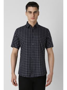 Van Heusen - Men Navy Blue Slim Fit Checks Half Sleeves Casual Shirt