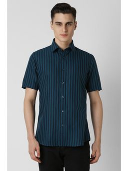 Van Heusen - Men Navy Blue Slim Fit Stripes Half Sleeves Casual Shirt