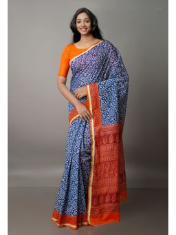 Unnati Silks - Navy Blue Floral Printed Chanderi Sico Saree with Unstitched Blouse
