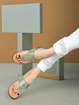 DENILL - Green Synthetic T-Straps Flats