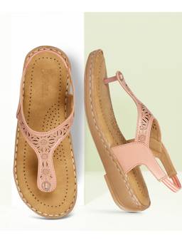 DENILL - Pink Synthetic Leather T-Straps Flats