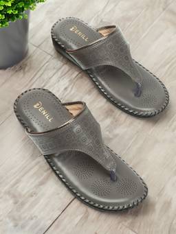 DENILL - Grey Synthetic Leather T-Straps Flats