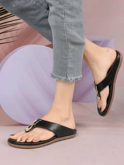 DENILL - Black Synthetic Leather Open Toe Flats