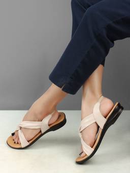 DENILL - Cream Synthetic Leather Open Toe Flats