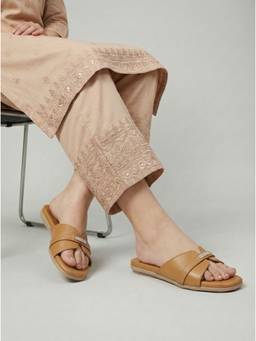 DENILL - Camel Synthetic Leather Open Toe Flats