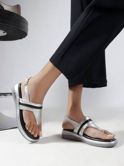 DENILL - Silver Synthetic Leather T-Straps Flats