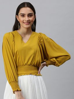 SHOWOFFFF - Women V-Neck Balloon Sleeve Solid Mustard Top