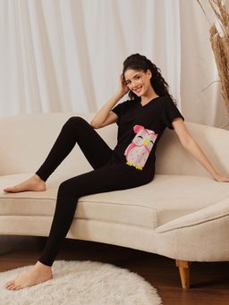 Clovia - Owl Print Top & Pyjama in Black - 100% Cotton