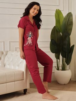 Clovia - Button Me Up Shirt & Pyjama With Pocket- Cotton (XL)