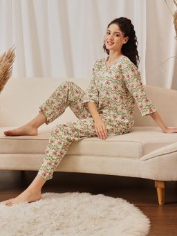 Clovia - Rayon Printed Top and Pyjama White (Set of 2)