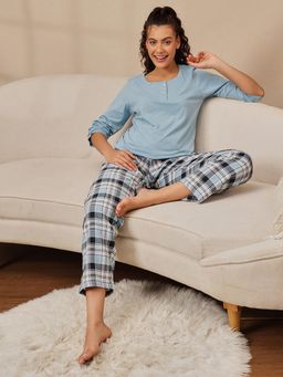 Clovia - Women Blue Top and Checkered Pyjama
