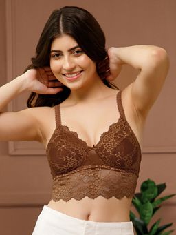 Clovia - Padded Non-Wired Full Coverage Longline Bralette Lace In Brown