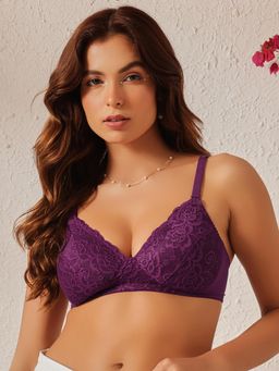 Clovia - Lace Solid Lightly Padded Full Cup Wire Free Everyday Bra - Dark Purple