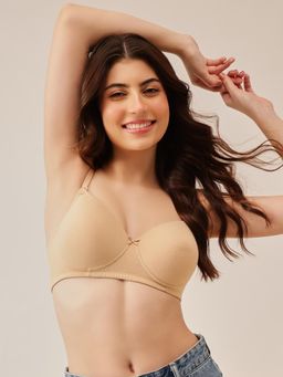 Clovia - Cotton Spandex Solid Padded Full Cup Wire Free T-shirt Bra - Nude