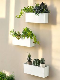 Ecofynd - Pack Of 3, White Rectangular Metal Wall Hanging Plant Pot