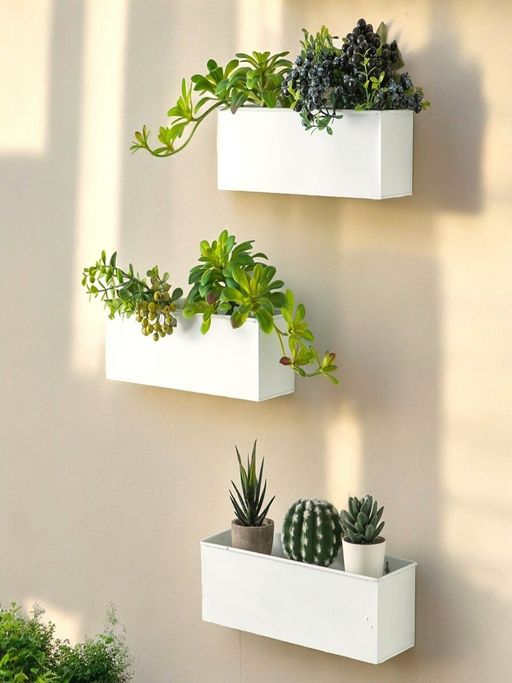 Ecofynd Pack Of 3, White Rectangular Metal Wall Hanging Plant Pot