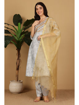 Kaanchie Nanggia - Grey Gota Work A-Line Anarkali Kurta with Pant and Dupatta (Set of 3)