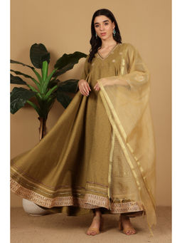 Kaanchie Nanggia - Green Gota Work Flared Anarkali Kurta with Pant and Dupatta (Set of 3)