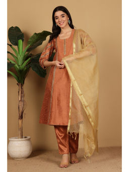 Kaanchie Nanggia - Brown Gota Work A-Line Anarkali Kurta with Pant and Dupatta (Set of 3)