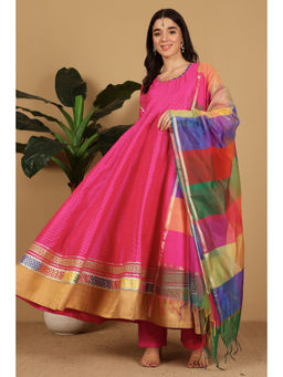 Kaanchie Nanggia - Pink Gota Work Flared Anarkali Kurta with Pant and Dupatta (Set of 3)