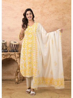 KIKU - Elegant White and Yellow Block Print Kurta with Pant & Dupatta (Set of 3)