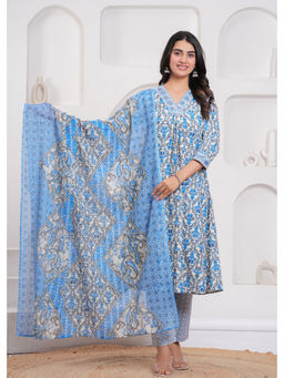 Kipek - Women Blue Floral Print Cotton Fabric Kurta with Pant & Dupatta (Set of 3)