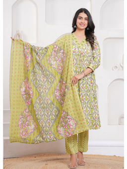 Kipek - Women Yellow Floral Print Cotton Fabric Kurta with Pant & Dupatta (Set of 3)
