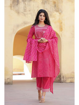 Juniper - Pink Cotton Mirror and Thread Work Kurta with Pant & Dupatta (Set of 3)