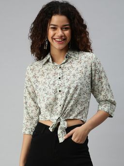SHOWOFFFF - Women Collar Neck Three Fourth Sleeves Floral Green Crop Top