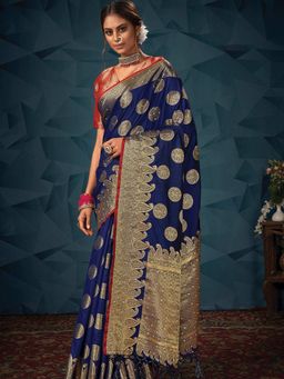 Odette - Womens Blue Silk Blend Printed Saree with Unstitched Blouse