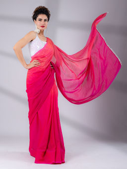 Swtantra - Spring Pink Ombre Saree with Pearl Lace & Unstitched Blouse Fabric