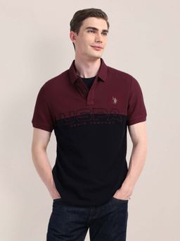U.S. Polo Assn. Denim Co. - Maroon Muscle Fit Colour Blocked Cotton Polo T-shirt