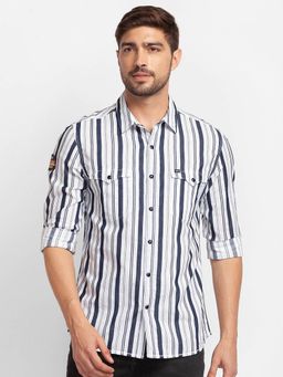 Spykar - White Cotton Full Sleeve Stripes Shirt for Men