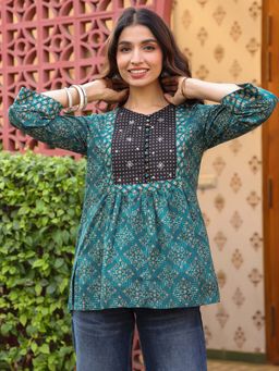 Jaipur Morni - Teal Hand Block Printed And Embroidered A-Line Top