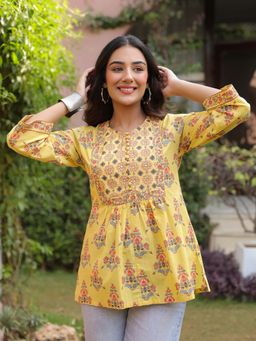 Jaipur Morni - Yellow Hand Block Printed And Embroidered A-Line Top