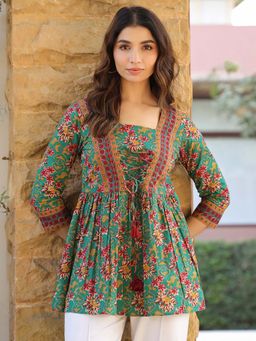 Jaipur Morni - Green Ethnic Floral A-Line Top With Tie-Ups