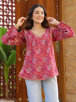 Jaipur Morni - Pink Floral Printed V-Neck Pintuck Cotton Top