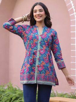 Jaipur Morni - Blue Floral Print Mandarin Collar Pintucks Kurti