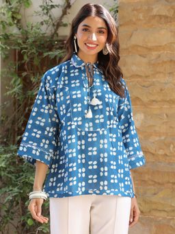 Jaipur Morni - Blue Picnic Ethnic Motif Printed Cotton Top