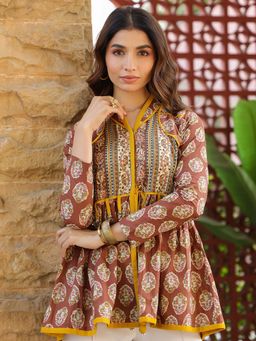 Jaipur Morni - Brown Hand Block Printed A-Line Peplum Top With Tie-Up Detail
