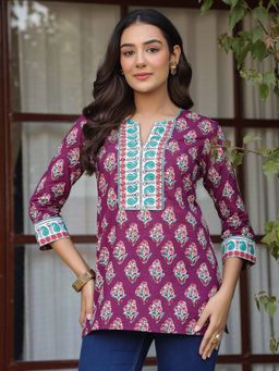 Jaipur Morni - Purple Floral Printed Pure Cotton Top