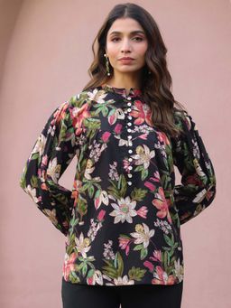 Jaipur Morni - Black Floral Print Mandarin Collar Cotton Top