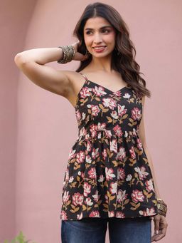 Jaipur Morni - Black Floral Hand Block Printed Sleeveless Smocked Fit And Flare Top