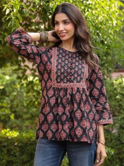 Jaipur Morni - Black Booti Hand Block Printed And Embroidered A-Line Top